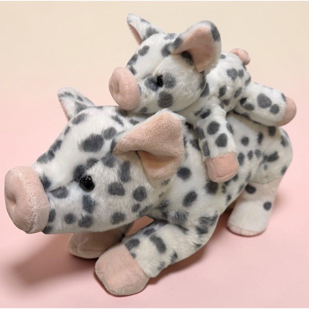 Myyori Aurora Plush Spotted Pig Lot Gray White Pink Mom Baby Stuffed Animal